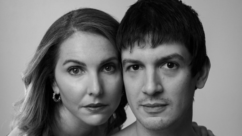 Marla Mindelle and Josh Sharp in a black-and-white publicity portrait for A Kidman Carol