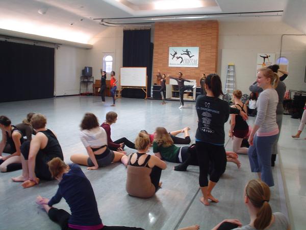 Members of Garth Fagan Dance warming up during a master class in Oregon in 2008