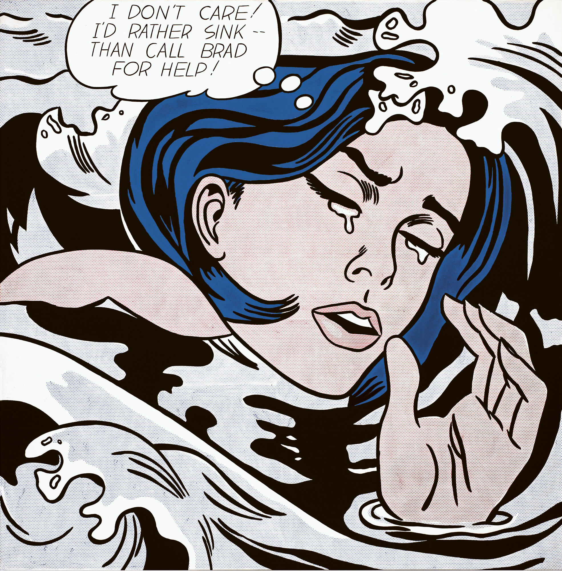Roy Lichtenstein’s Drowning Girl: a blue-haired woman surrounded by curling water