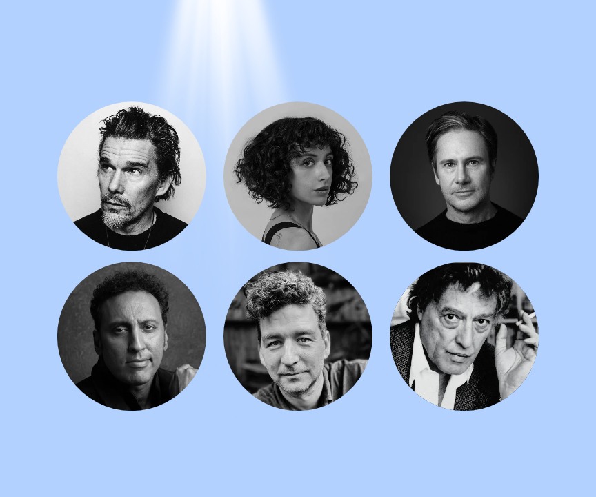 Six black-and-white circular portraits of Tom Stoppard's Shakespeare event participants on a blue background